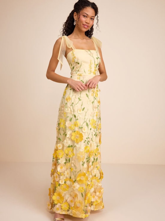 Lulus Dresses & Skirts - Lulus Thriving Poise Yellow 3d Floral Embroidered Tie-strap Maxi Dress - Size M